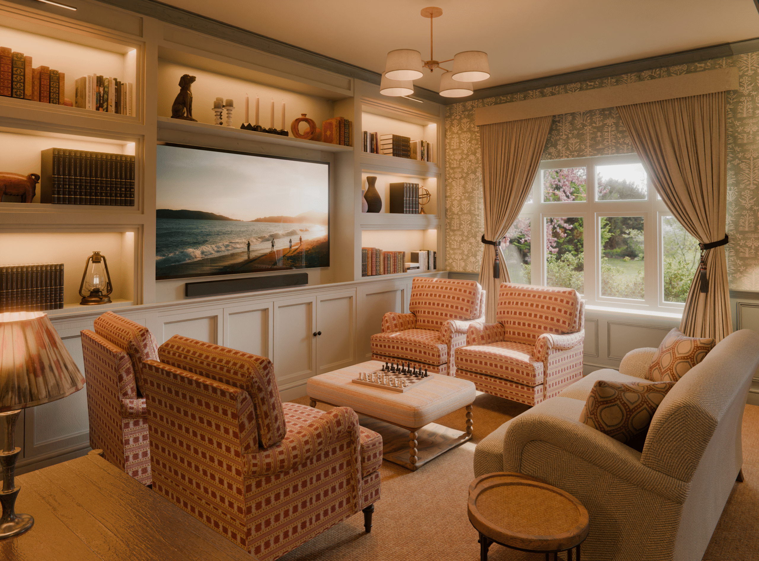 Cozy lounge area with comfortable seating and bookshelves.