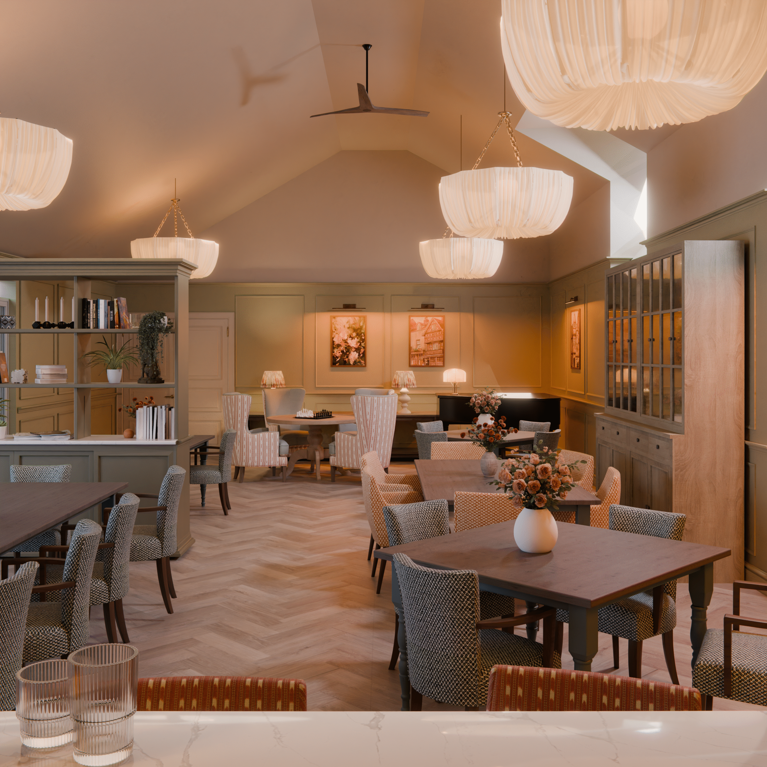 Elegant dining area with stylish decor and furnishings.