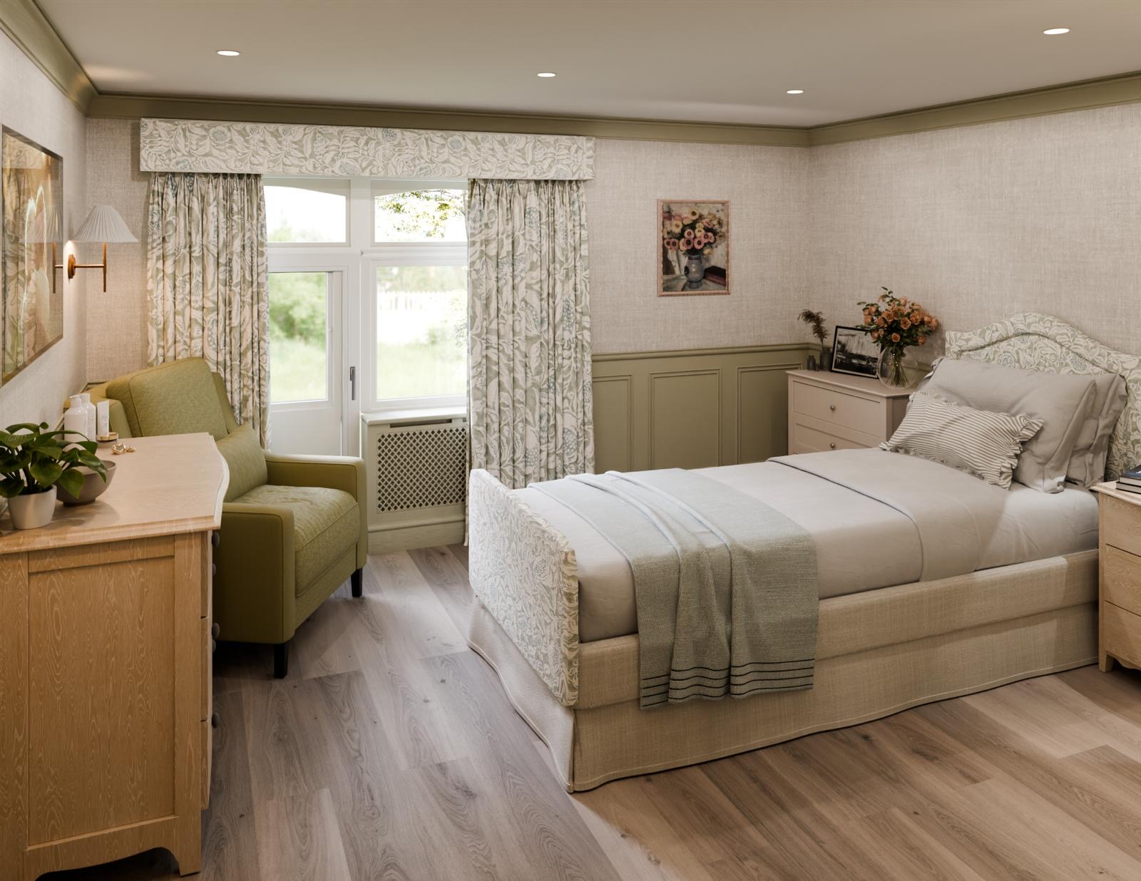 Bright and cozy resident room with a bed and sitting area.