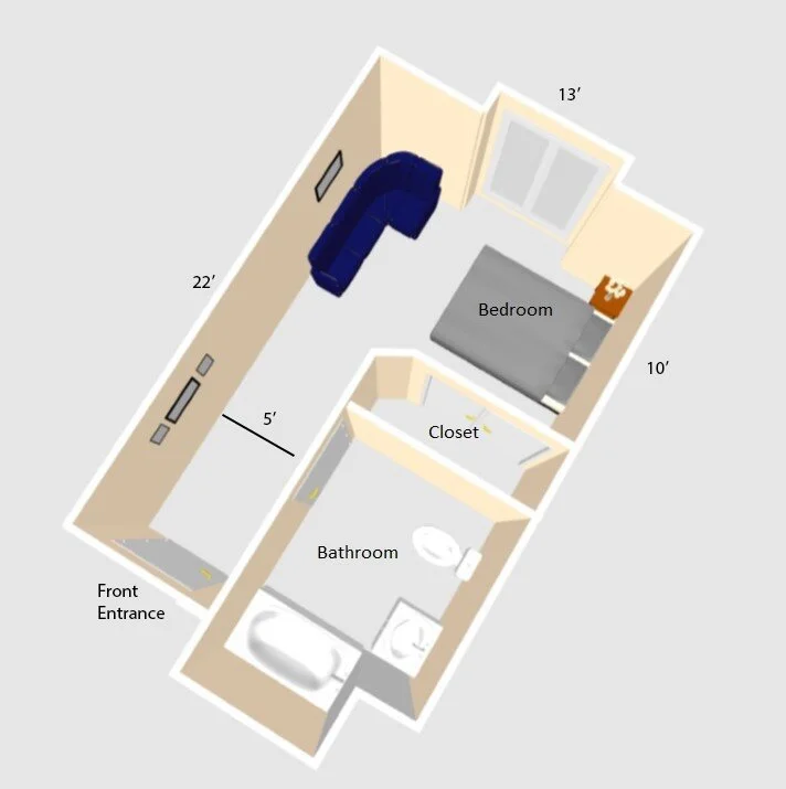 Architectural floor plan of a bedroom and bathroom.