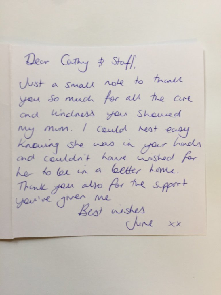 Handwritten thank-you note from a resident