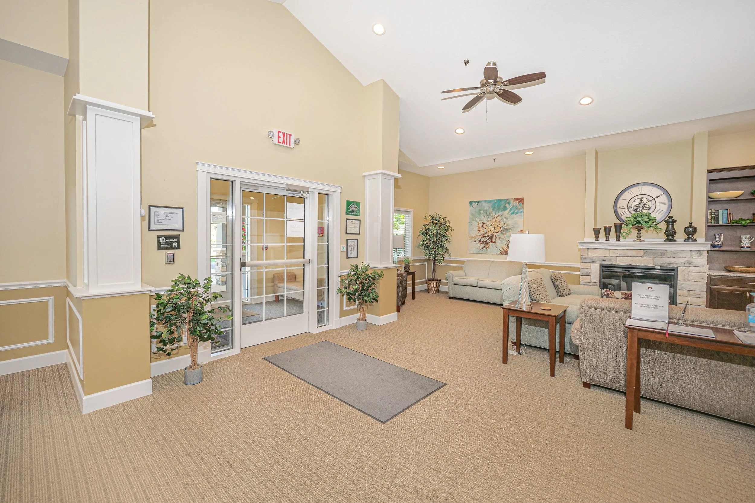 Cozy lobby area with seating and plants