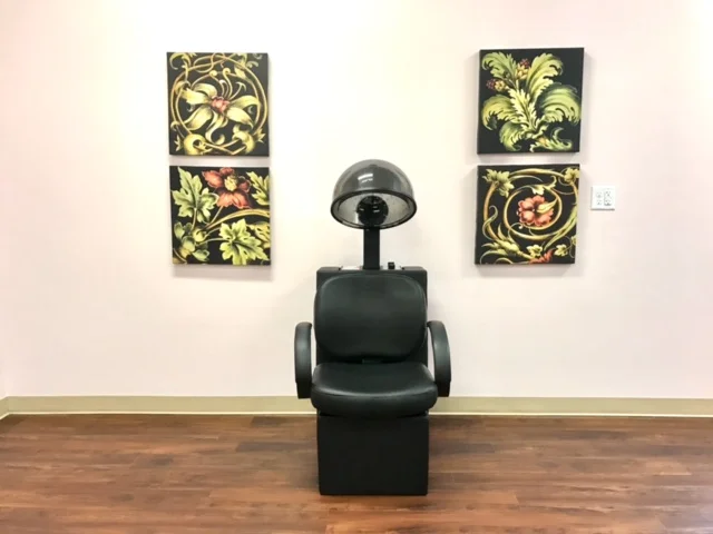 Hair salon chair with decorative wall art.