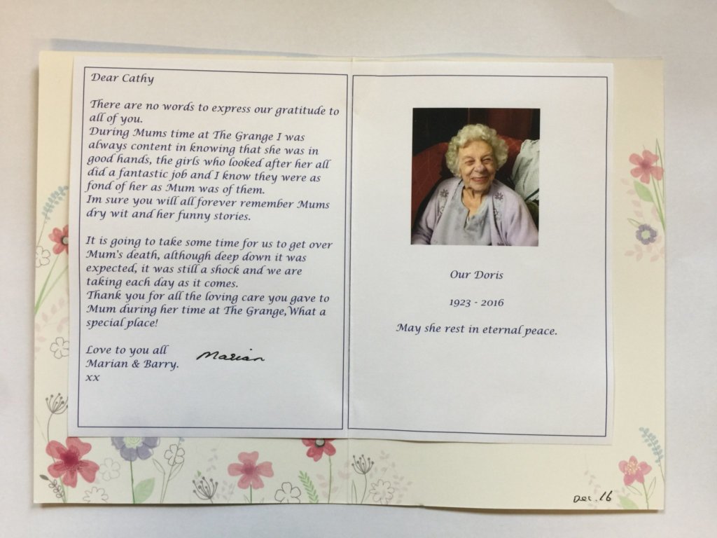 Letter of gratitude with a photo of Doris