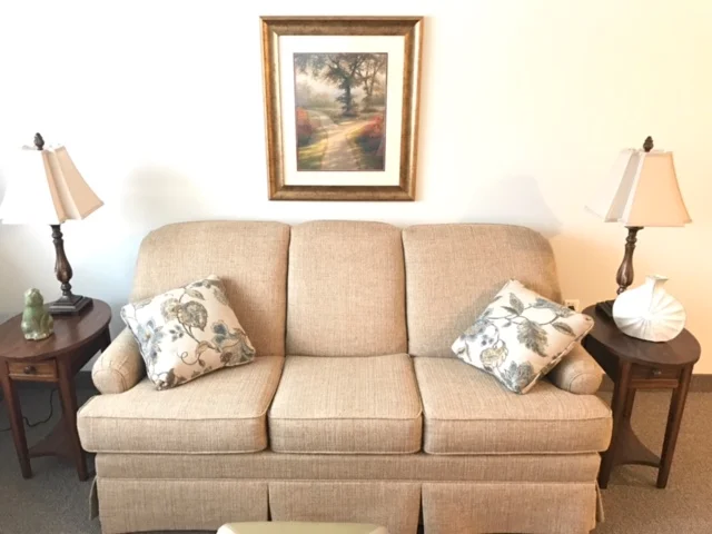 Cozy living room setup with sofa and lamps.