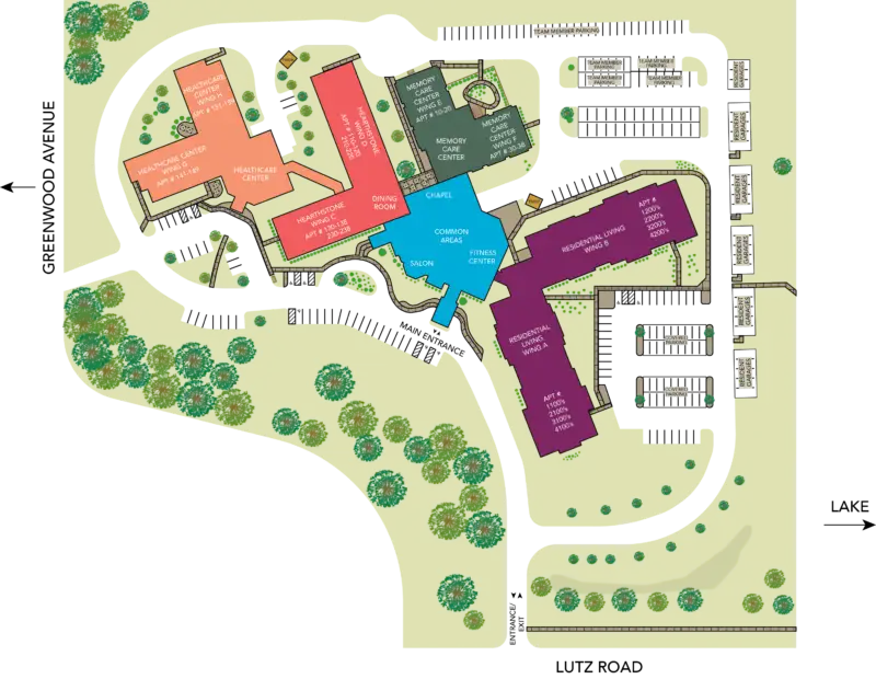 Architectural floor plan of Luther Oaks facility