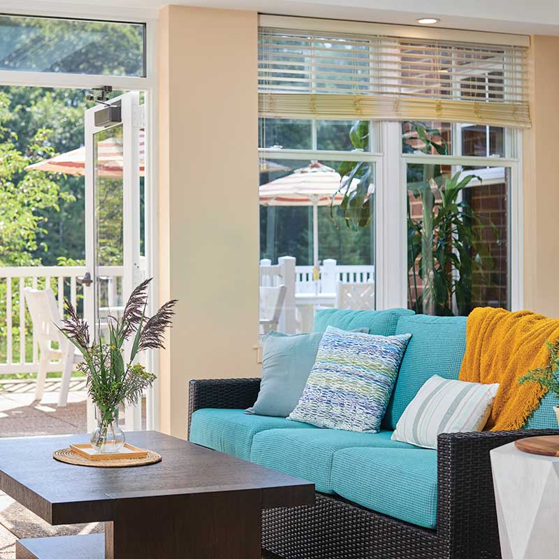 Bright common area with outdoor view and seating