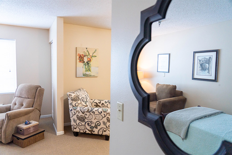 Cozy interior view of a resident room with seating