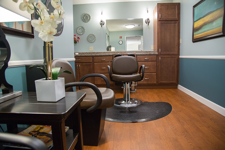 Hair salon area with styling chair and mirror