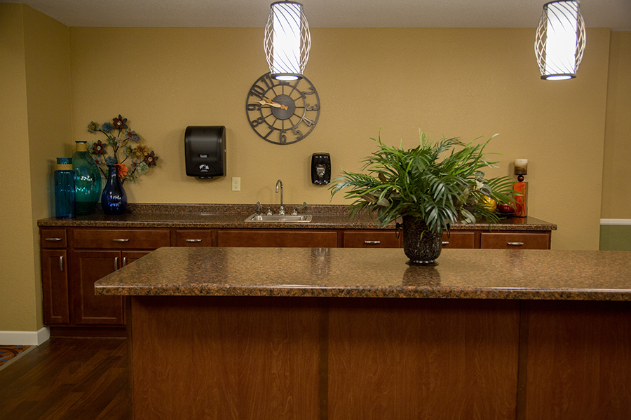 Interior common area with countertop and decor elements