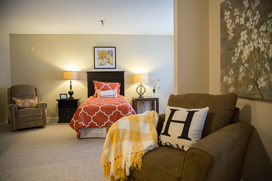 Cozy bedroom setup in a senior living facility