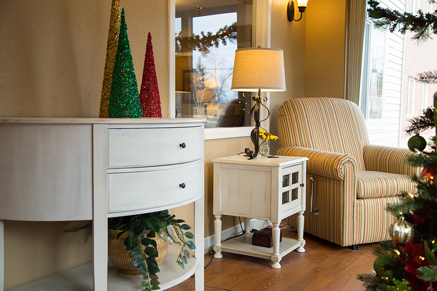 Decorated common area with holiday decor and comfortable seating