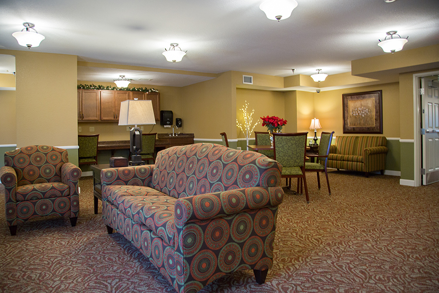 Cozy common area with seating and holiday decor