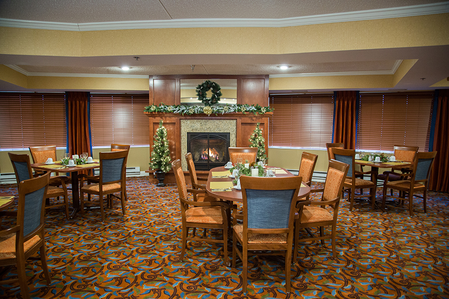 Interior view of a dining area decorated for the holidays