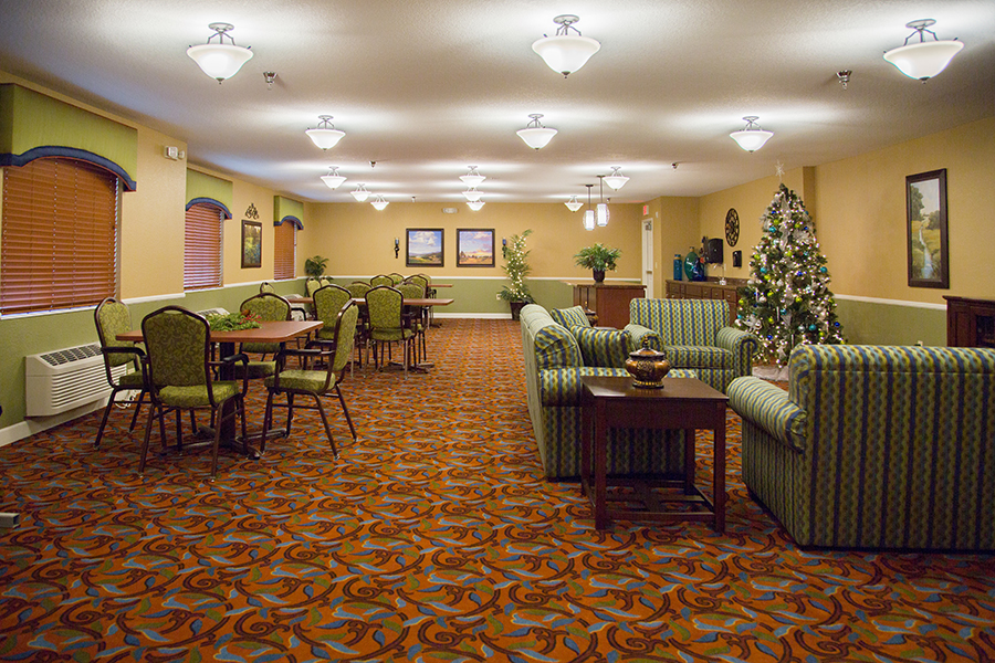 Interior common area with seating and holiday decor