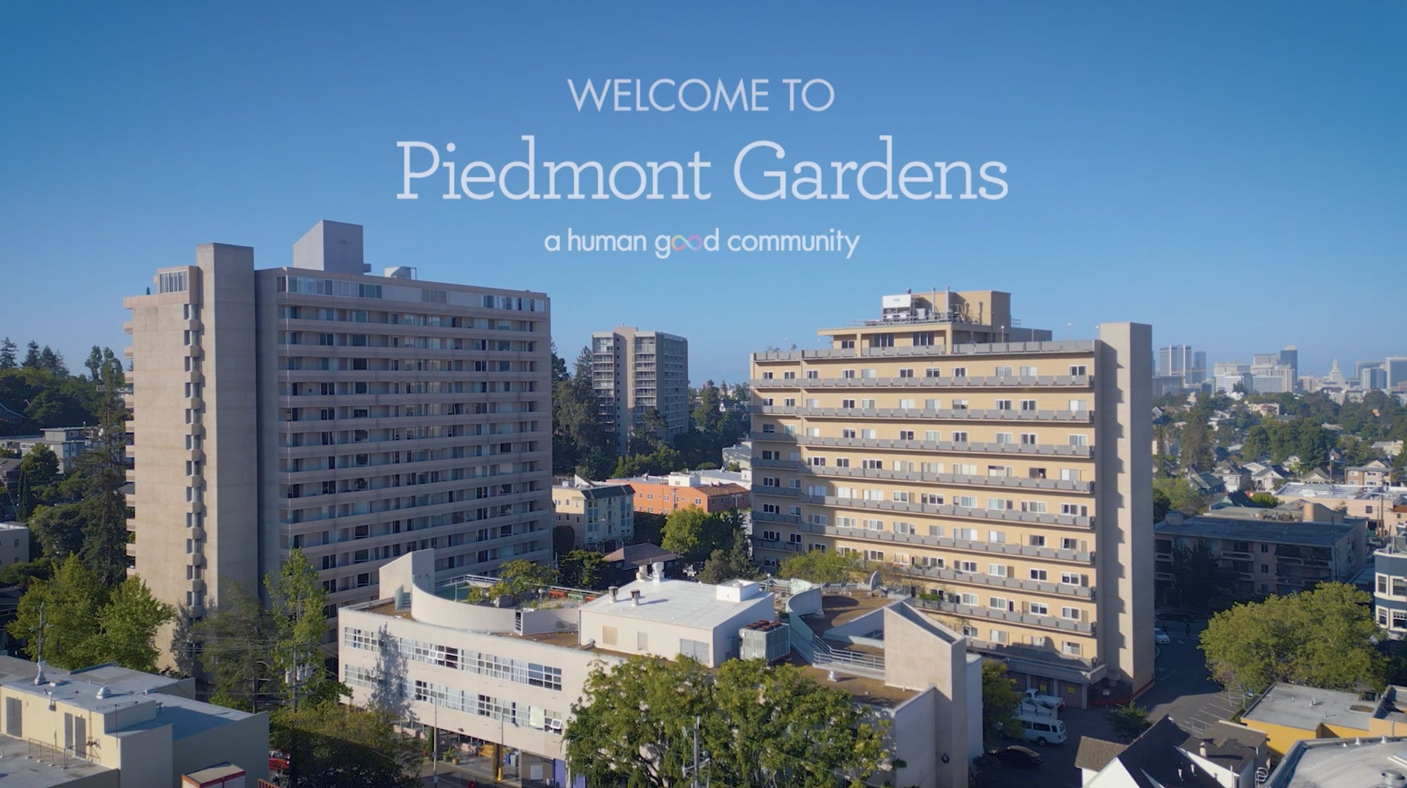 Aerial view of Piedmont Gardens with buildings and greenery