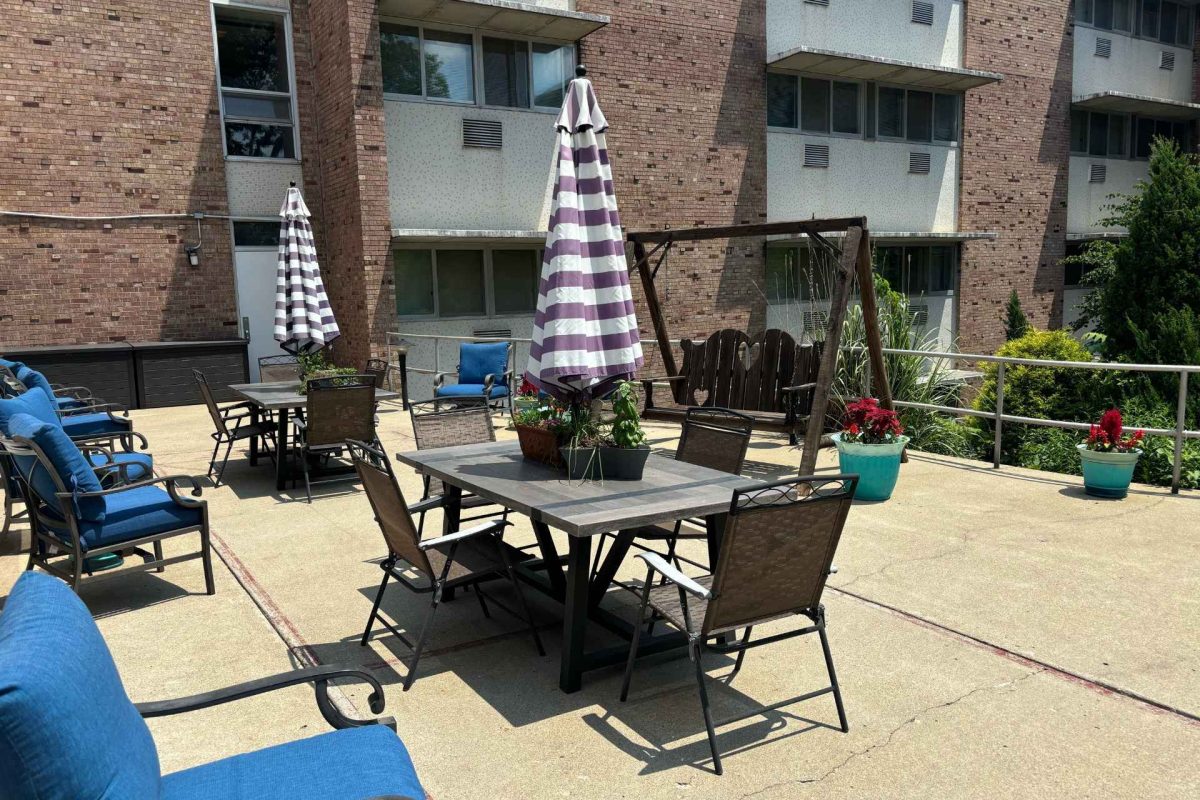 Patio area with chairs and umbrellas