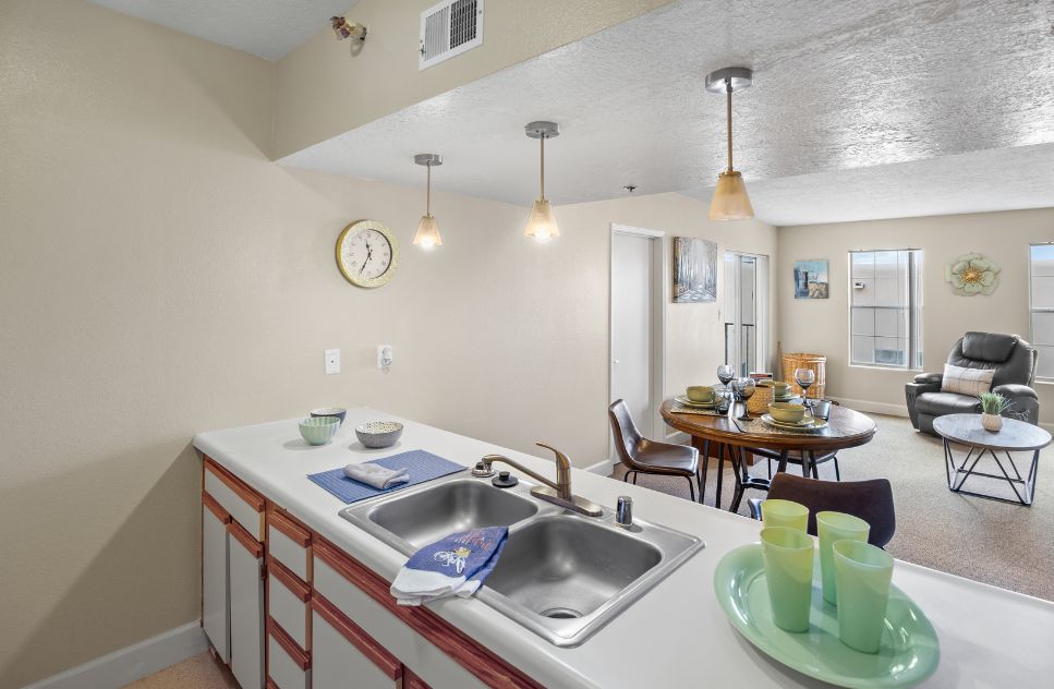 Bright kitchen and dining area in a senior living facility