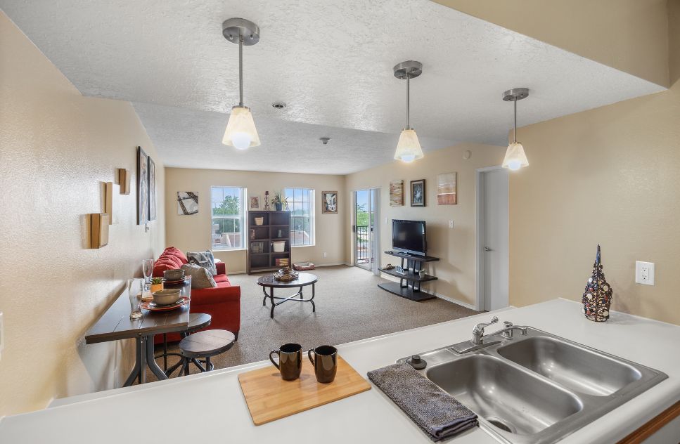 Bright and welcoming common area in a senior living facility