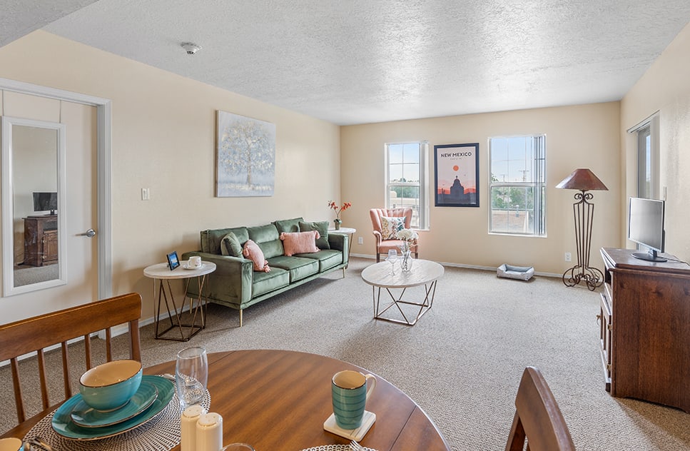 Bright interior living area with a sofa and dining table