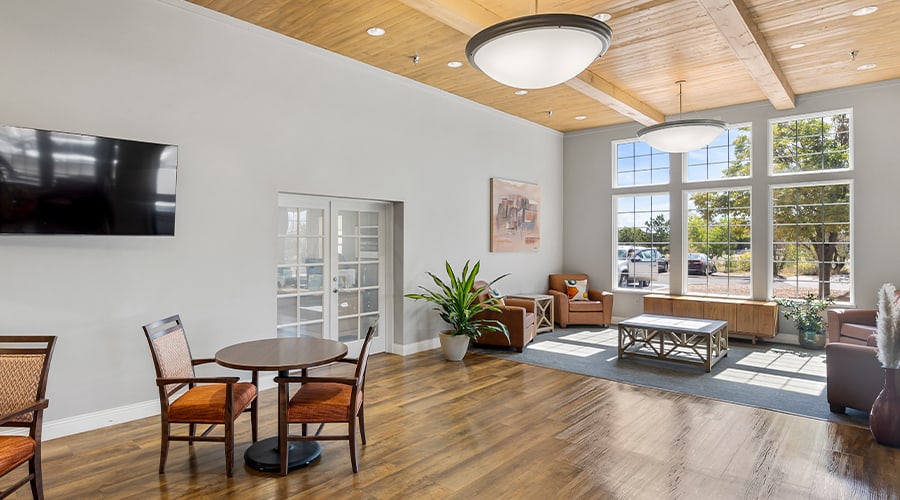 Bright interior of a common area with seating