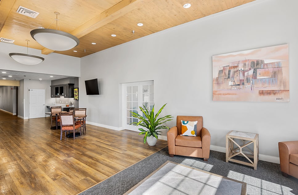 Modern common area with seating and artwork