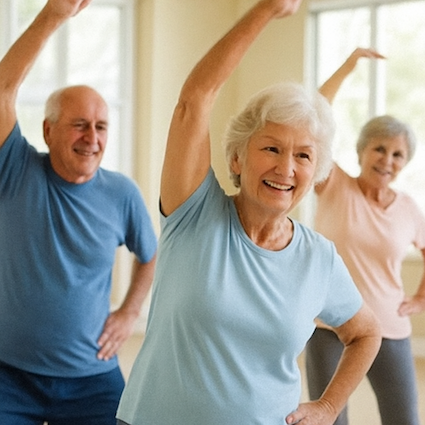 Seniors engaged in exercise activity indoors.