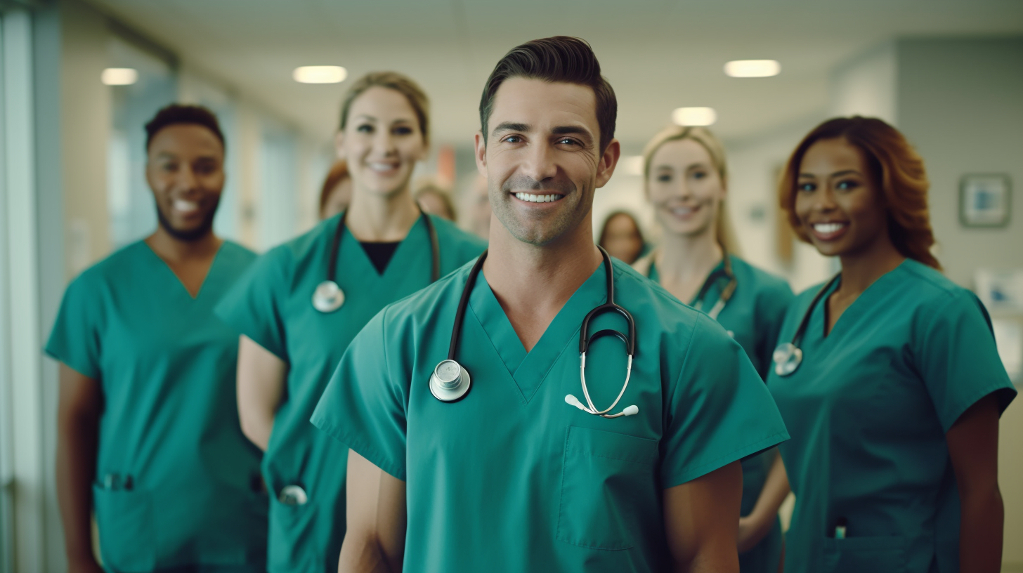 Medical staff posing together in a facility hallway