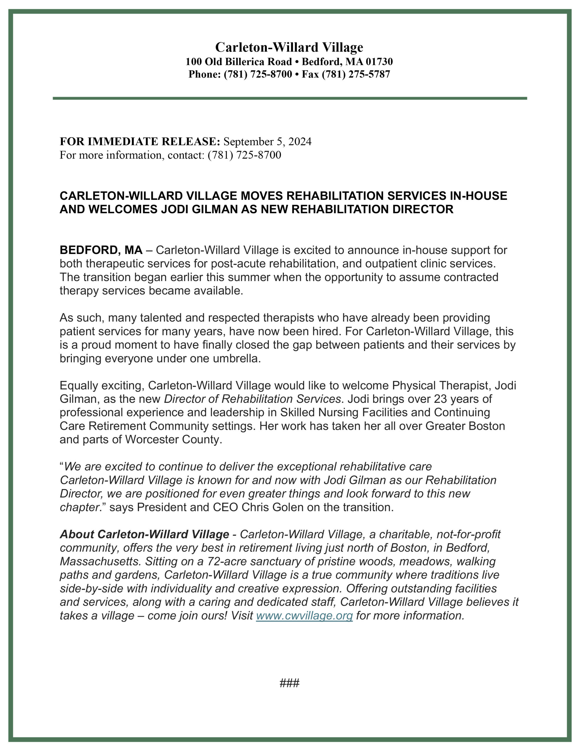 Announcement document with facility logo and details.