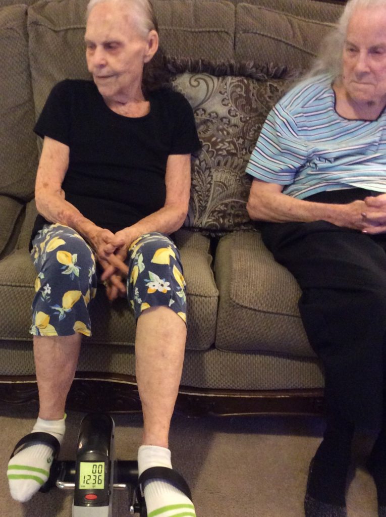 Two elderly women seated together on a couch.