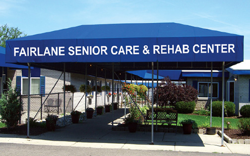 Exterior view of a senior care facility entrance.