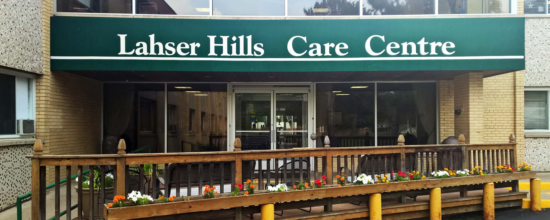 Entrance of Lahser Hills Care Centre with flowers