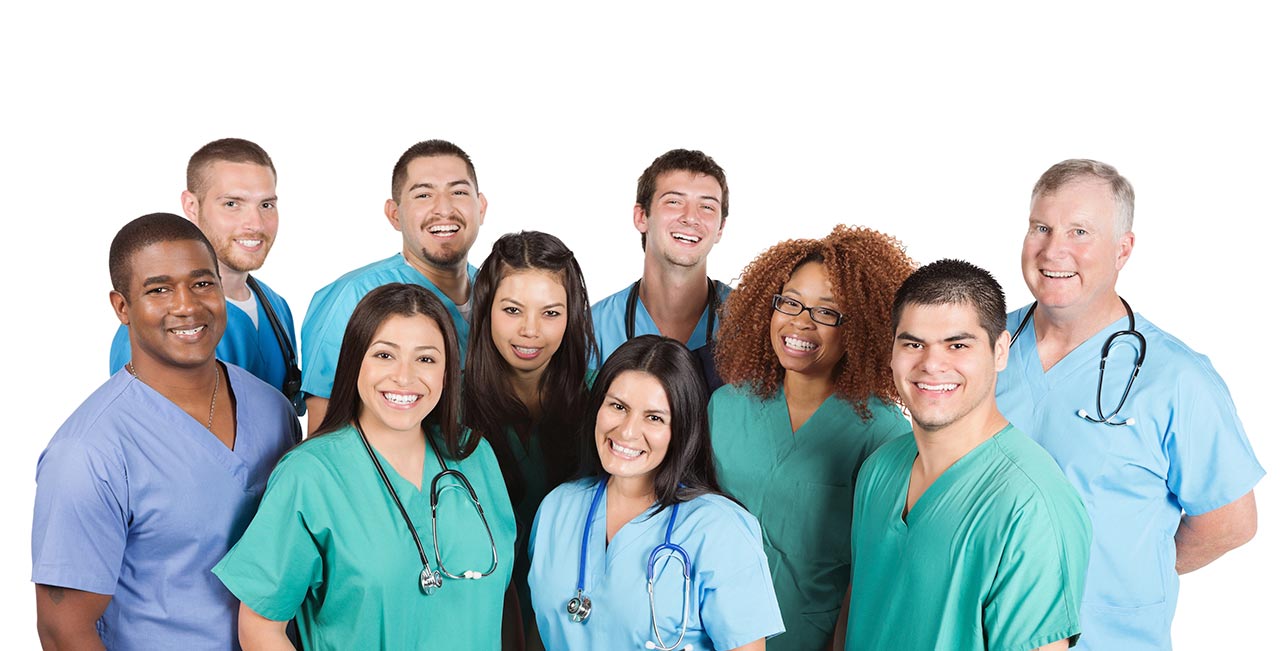 Group of healthcare staff in scrubs and medical attire