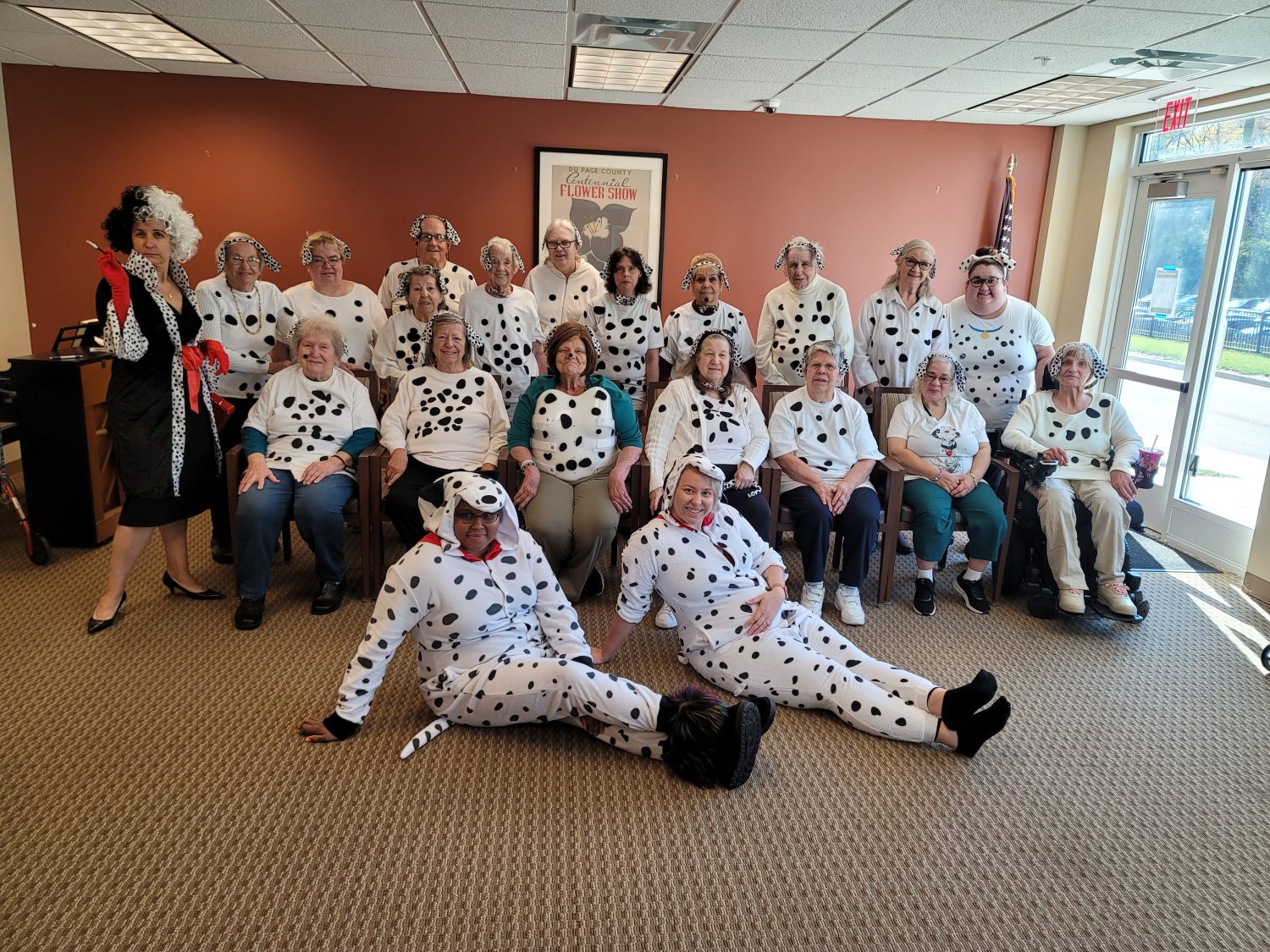 Residents dressed in Dalmatian costumes for a themed event