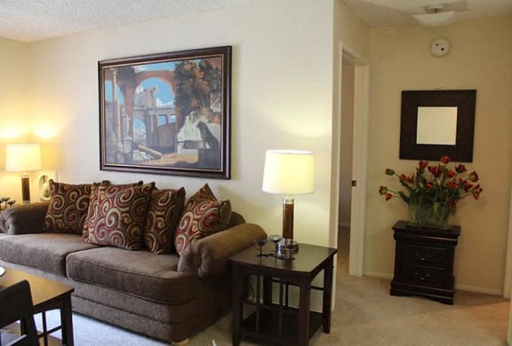 Cozy living room with comfortable sofa and decor