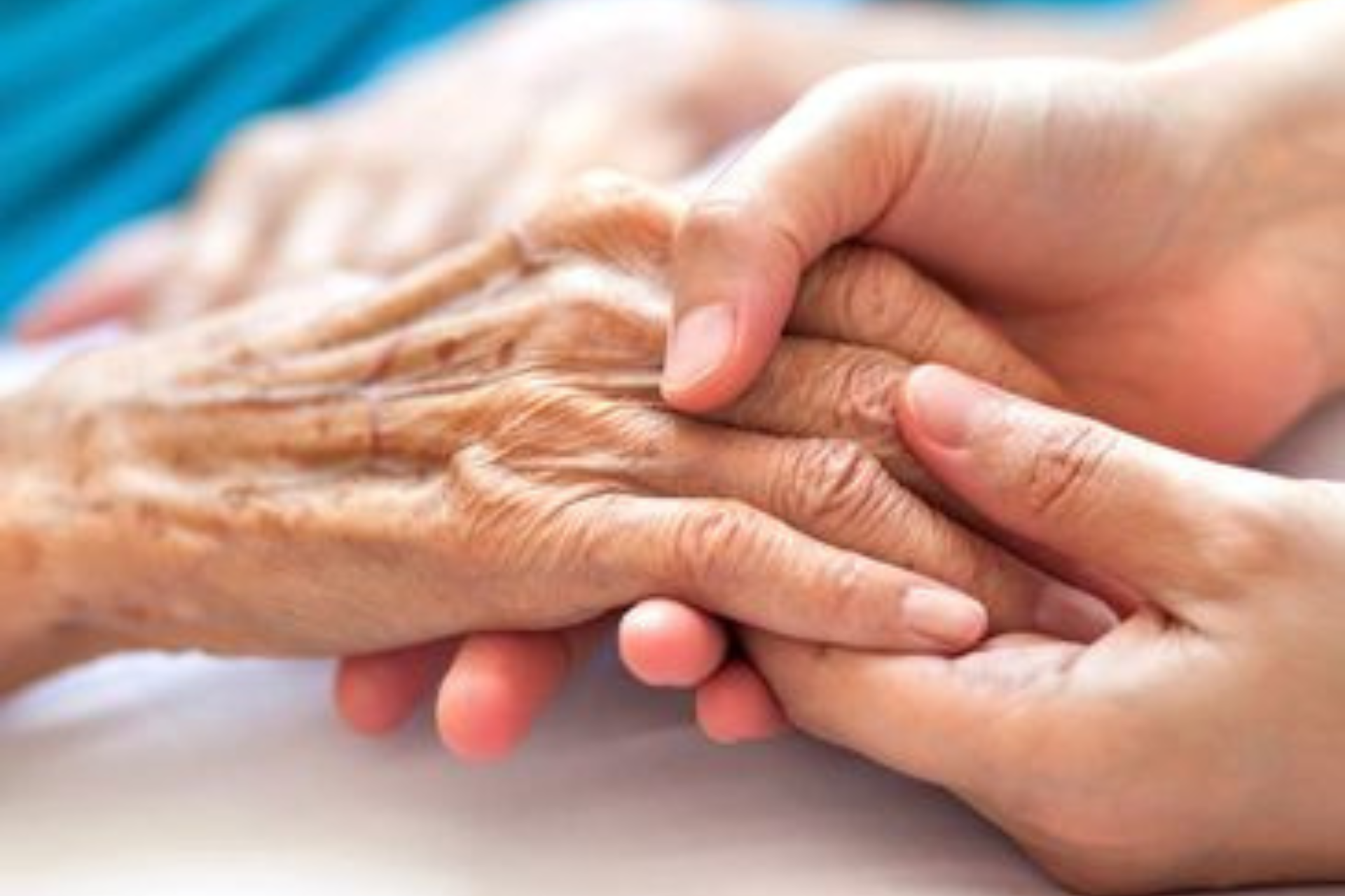 Hands of an elderly person and caregiver holding each other.