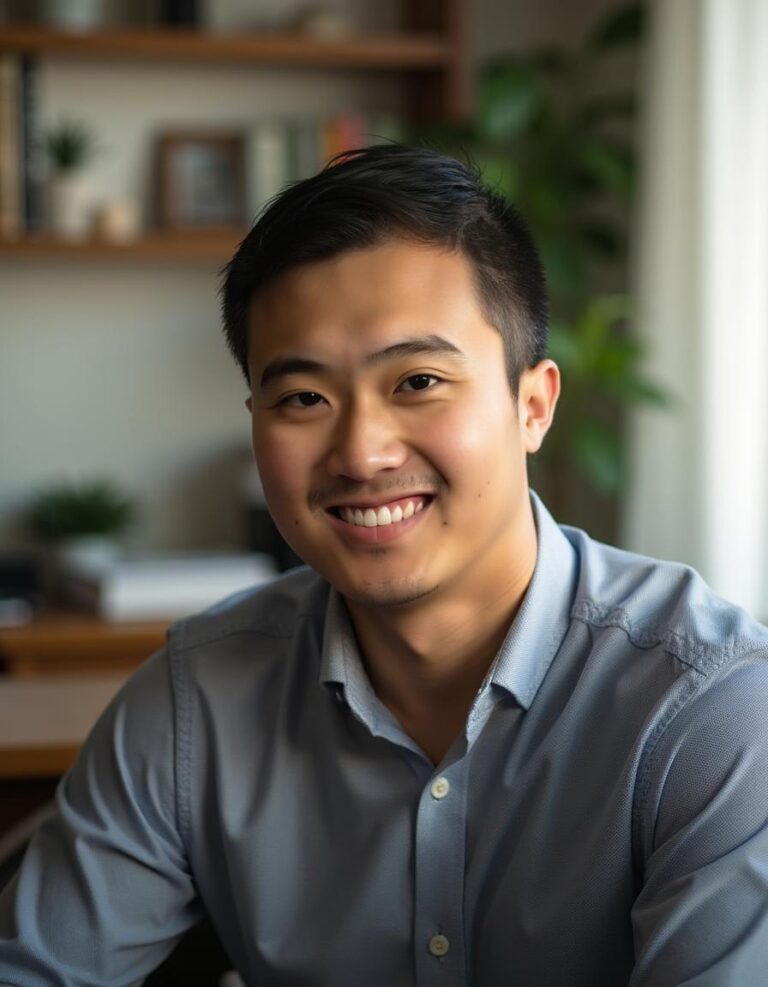 Smiling young man in a cozy interior setting
