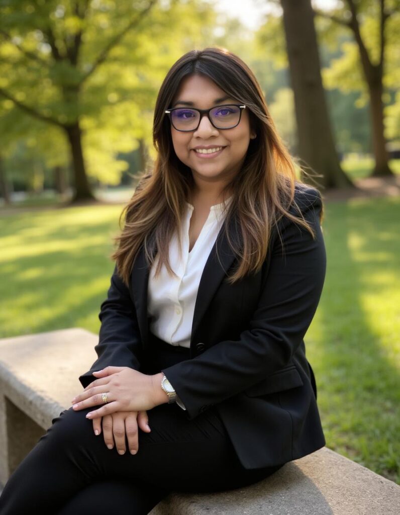 Professional woman smiling in a park setting.
