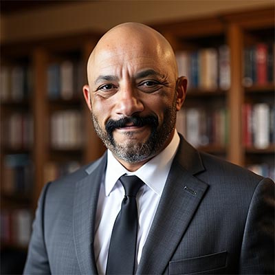 Professional man in a suit smiling in a library setting.