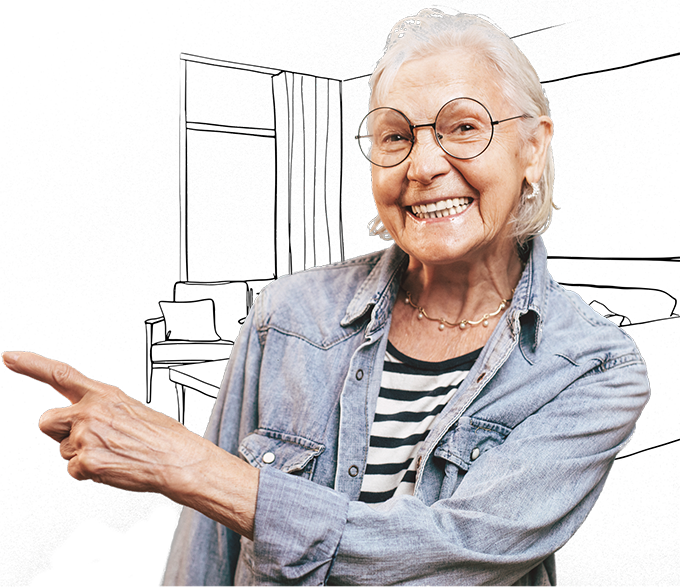 Senior woman joyfully pointing and smiling.