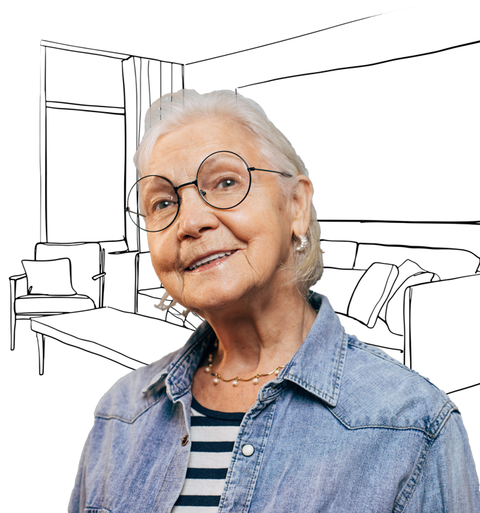 Smiling senior woman with glasses and denim jacket