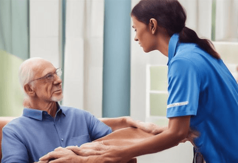 Caregiver assisting senior man in a caring environment.