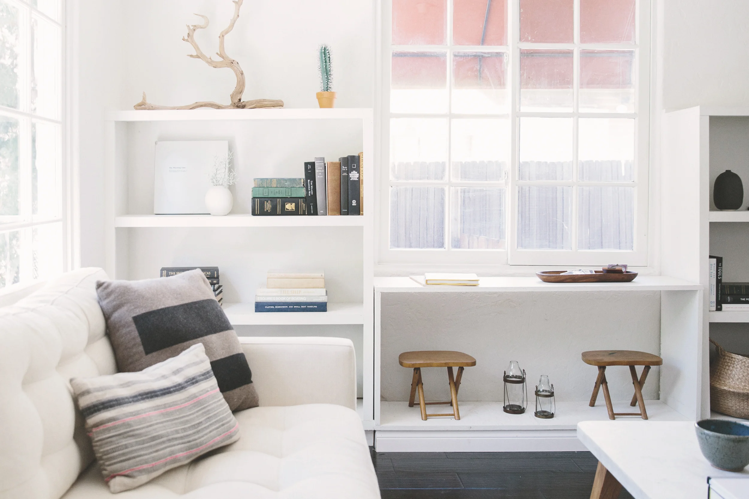 Bright interior with a sofa and bookshelf