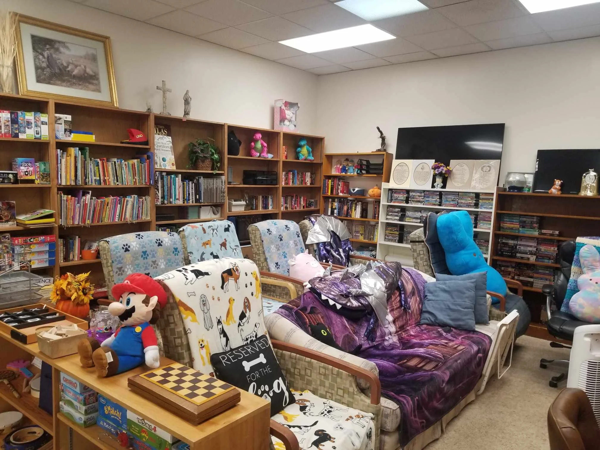 Cozy common area with bookshelves and seating