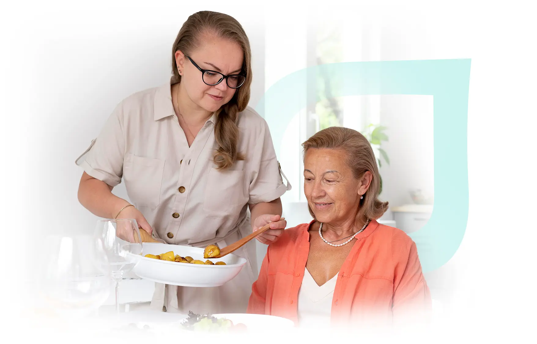Caregiver serving a meal to a resident.