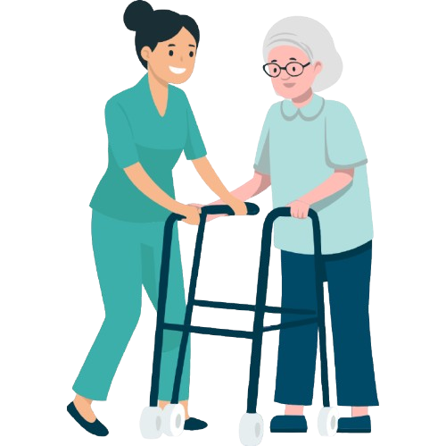 Caregiver assisting elderly woman with walker