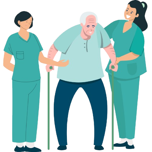 Caregivers assisting an elderly man with a walker.