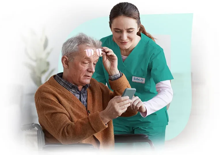 Caregiver assisting senior with smartphone