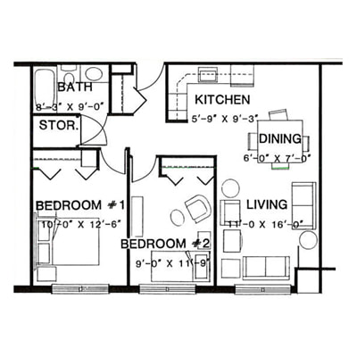 Architectural floor plan of a two-bedroom unit