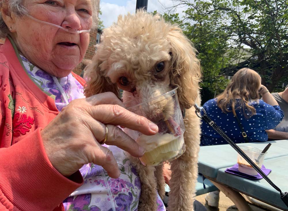 Resident enjoying ice cream with a dog in a garden
